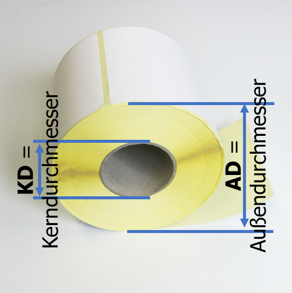 Der Kerndurchmesser KD und der Außendurchmesser AD der Thermodirektetiketten
